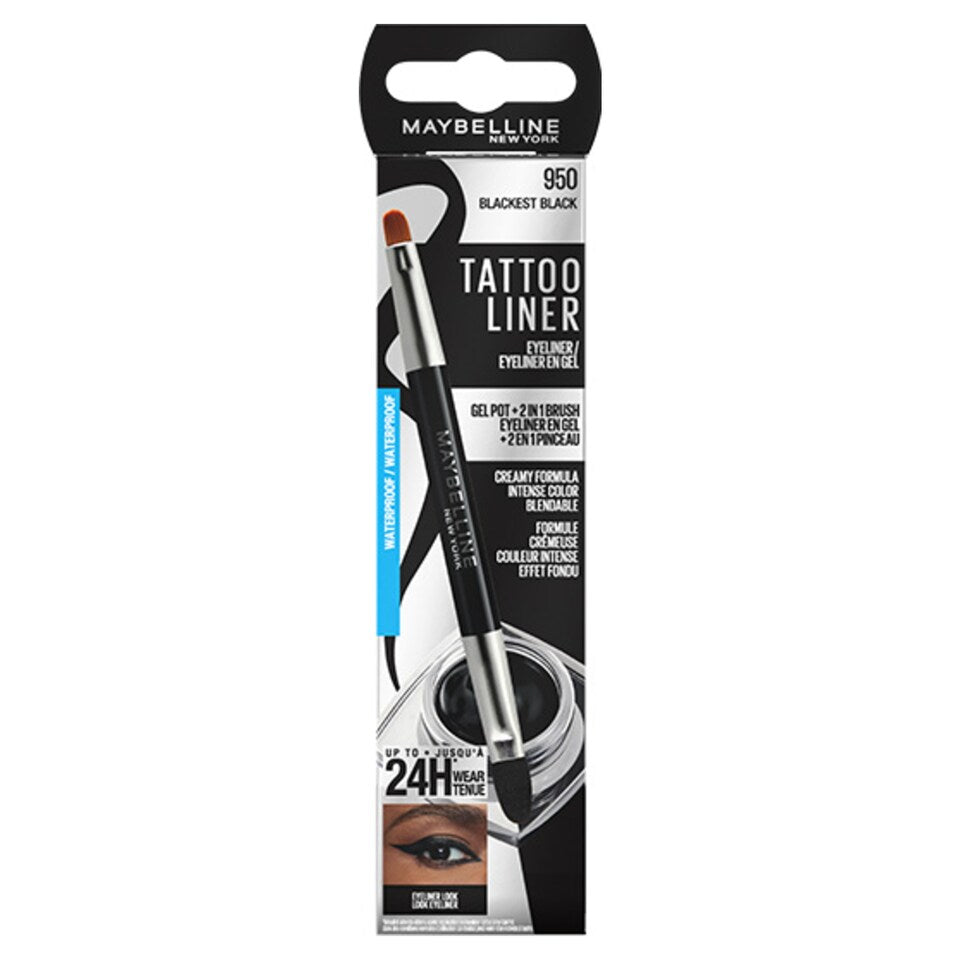 Maybelline Tattoo Liner Gel Pot Eyeliner + 2 In 1 Brush - 950 Blackest Black
