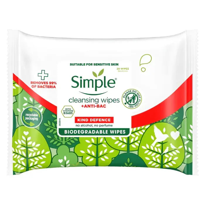 Simple Simple Anti-Bacterial Face Cleansing Wipes – 20 Pack