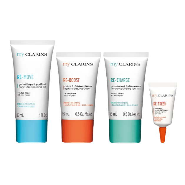 Clarins Grab and Go set: Cleansing Gel 30ML + Reboost Cream 15ml + Recharge Mask 15ml + Eyes 3ml - Branded Beauty