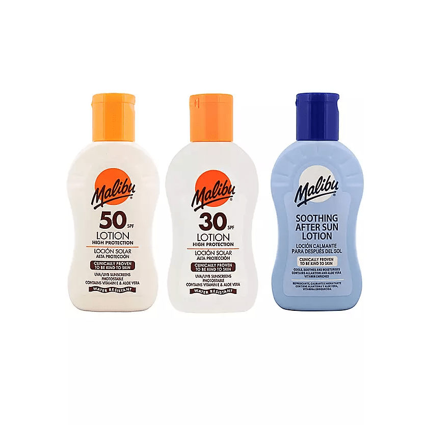 Malibu 3 Pack Sun Lotion - SPF30 , 50, and After Sun 100ml - Branded Beauty