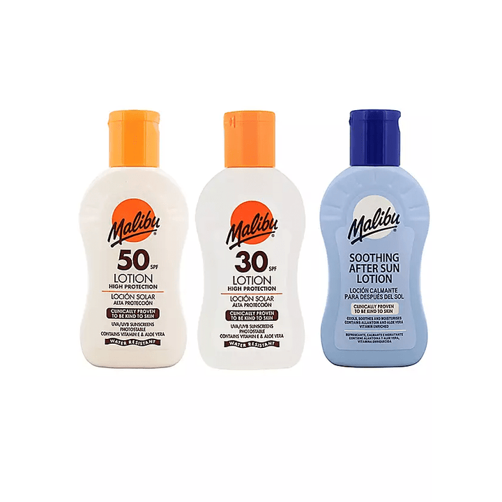 Malibu 3 Pack Sun Lotion - SPF30 , 50, and After Sun 100ml - Branded Beauty
