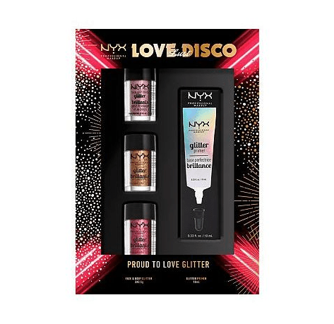 NYX Love Lust Disco Proud To Love Glitter Face & Body Glitter Glitter Primer Set - Glitter Primer, Rose, Red & Copper - Branded Beauty