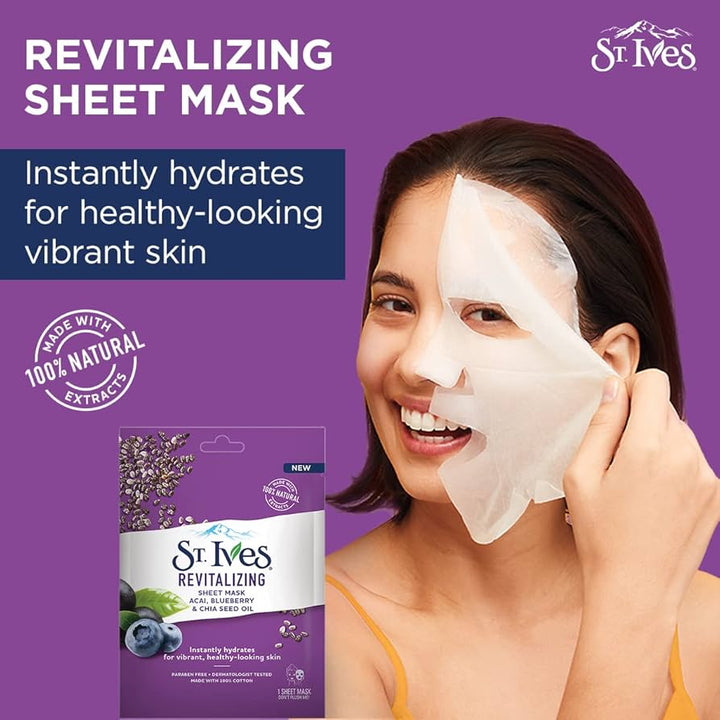 St. Ives Revitalising Sheet Mask - Acai, Blueberry & Chia Seed Oil - Branded Beauty
